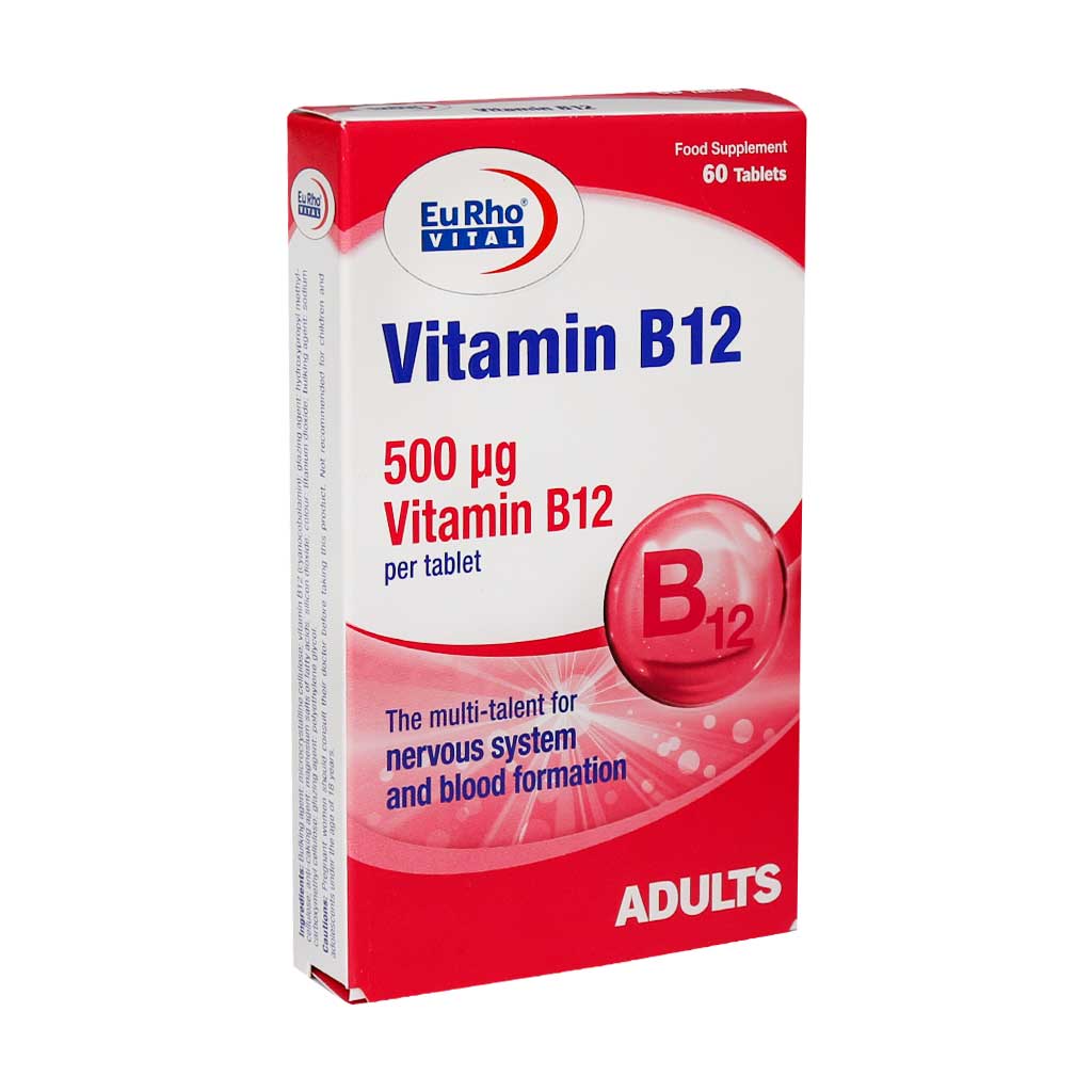 قرص ویتامین B12 یوروویتال 60عددی EURHO VITAL VITAMIN B12 500 ΜG 60 TABS